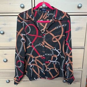 Chaps Ralph Lauren Equestrian Print Button-Down Sheer Blouse Size 6